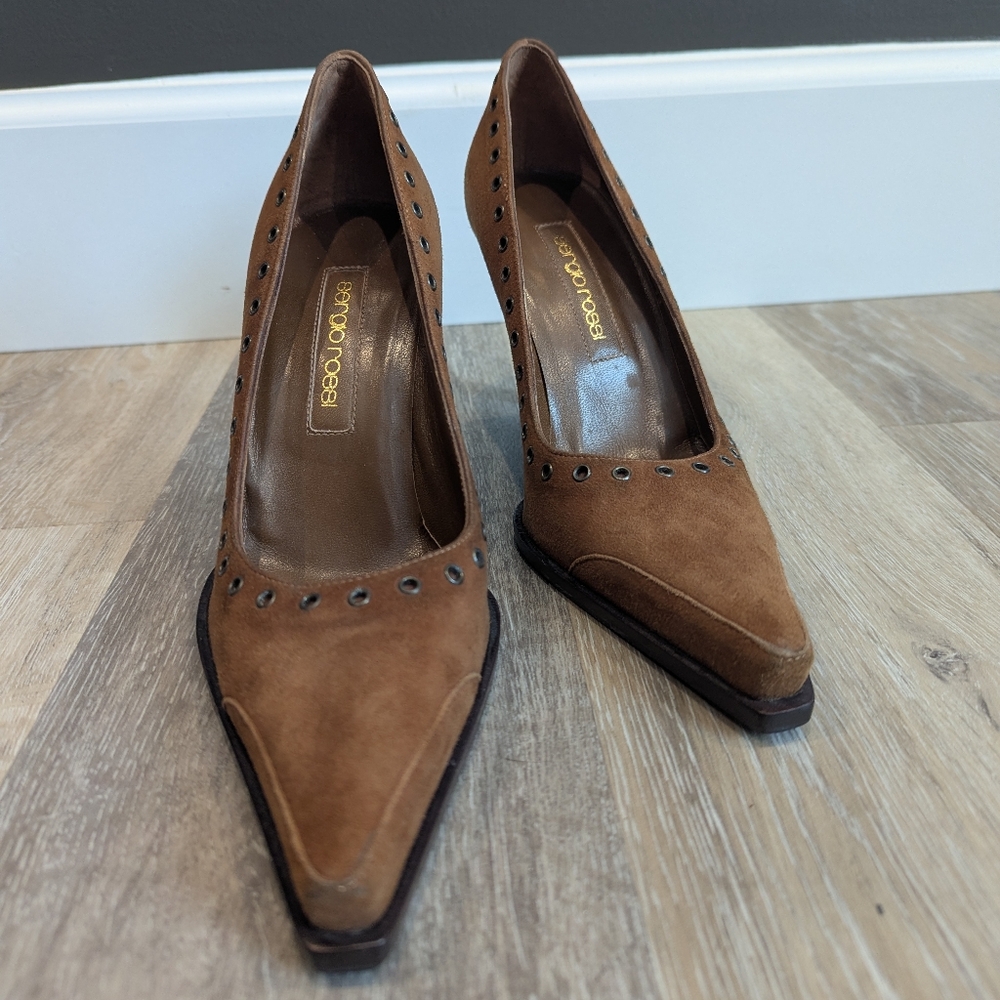 Sergio Rossi Brown Suede Square Toe Heels with Stud Accents